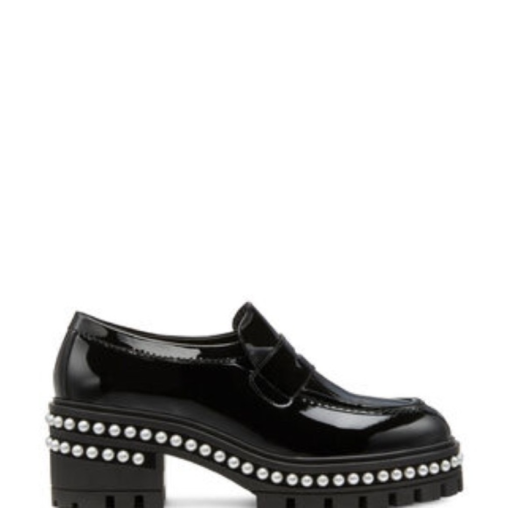 NWT Stuart Weitzman Black Patent Leather Loafers with Pearl Detailing Size 8.5